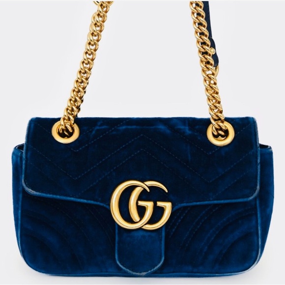 Gucci Cobalt Blue Velvet and Gold Small Marmont Shoulder Bag Authentic 2 - Picture 3 of 16